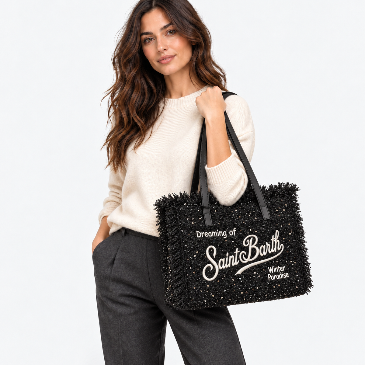 MC2 Saint Barth Borsa Donna Colette Tweed Nera con Mini Paillettes