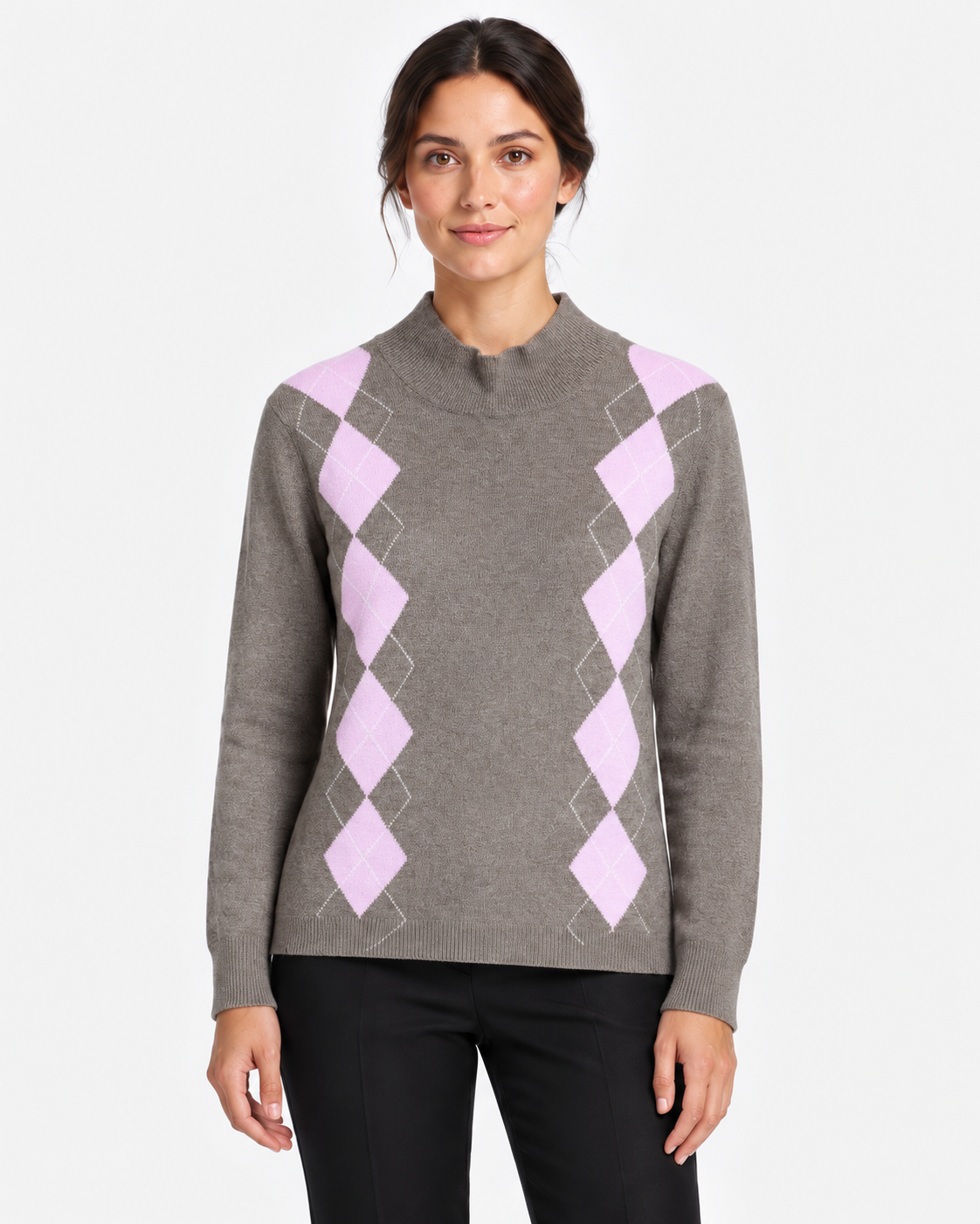 Gran Sasso Maglia Lupetto Donna Tortora a Rombi in Lana e Cashmere