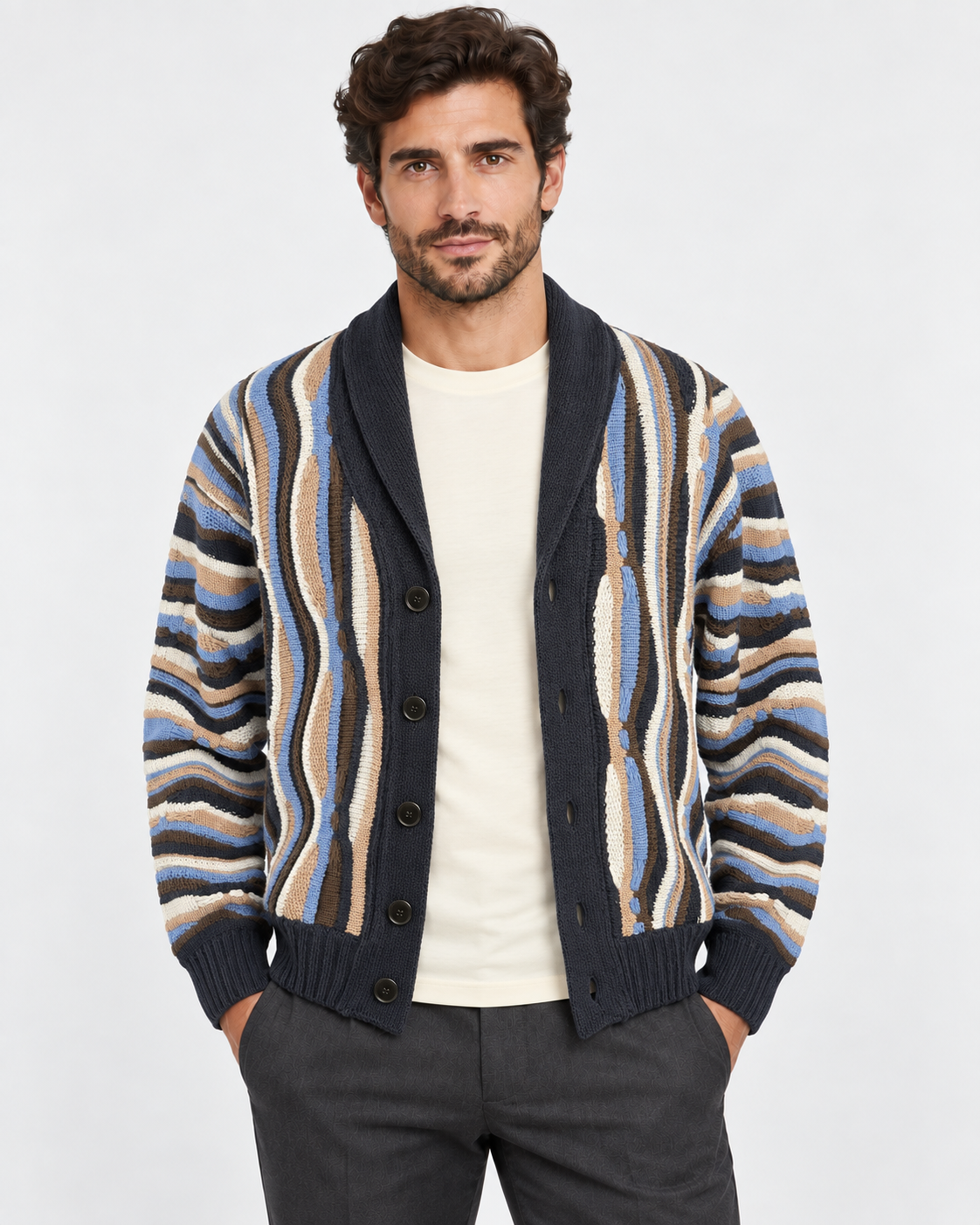 Lorenzoni Cardigan uomo multicolore con collo a scialle
