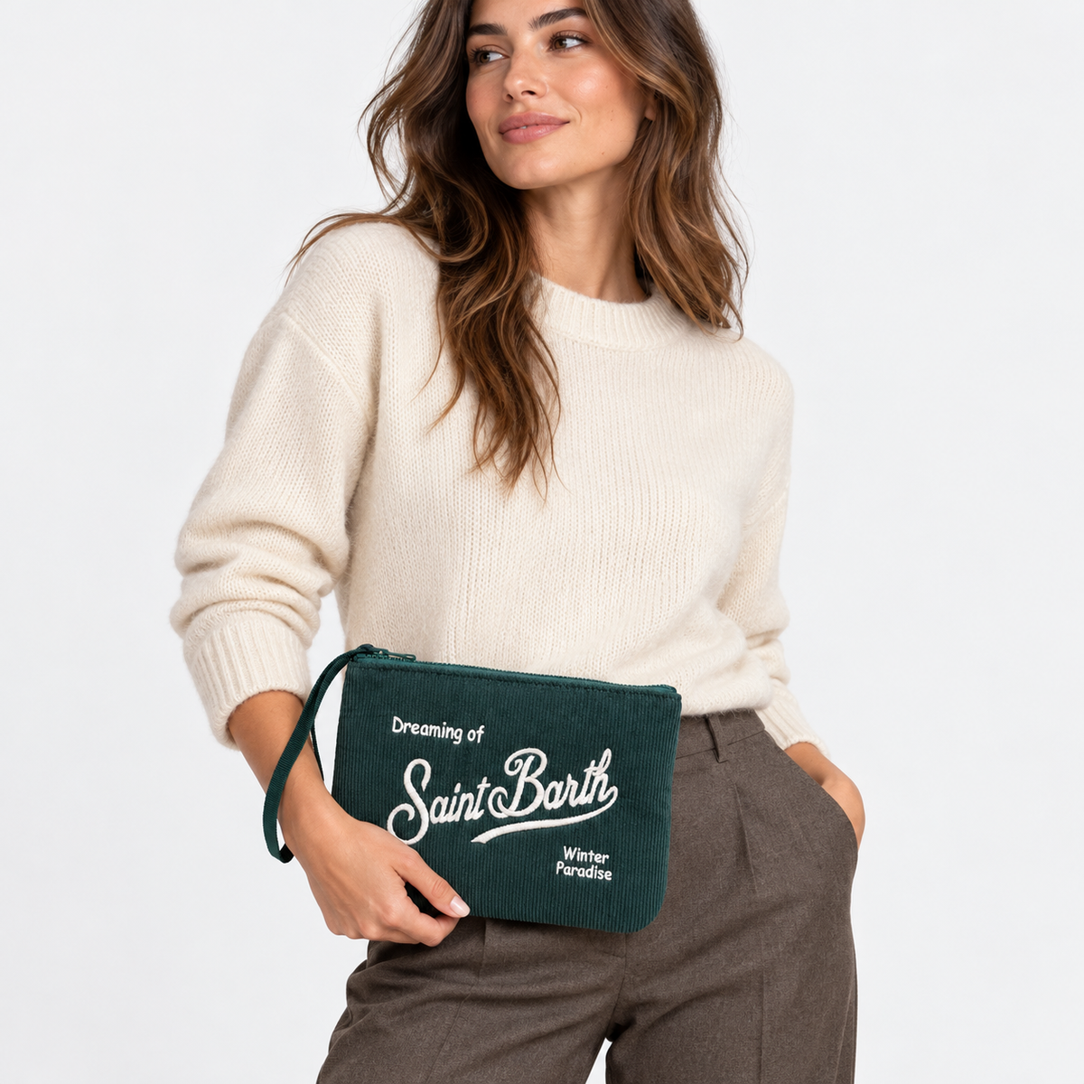 MC2 Saint Barth Pochette Donna Aline in Velluto a Coste Verde Scuro