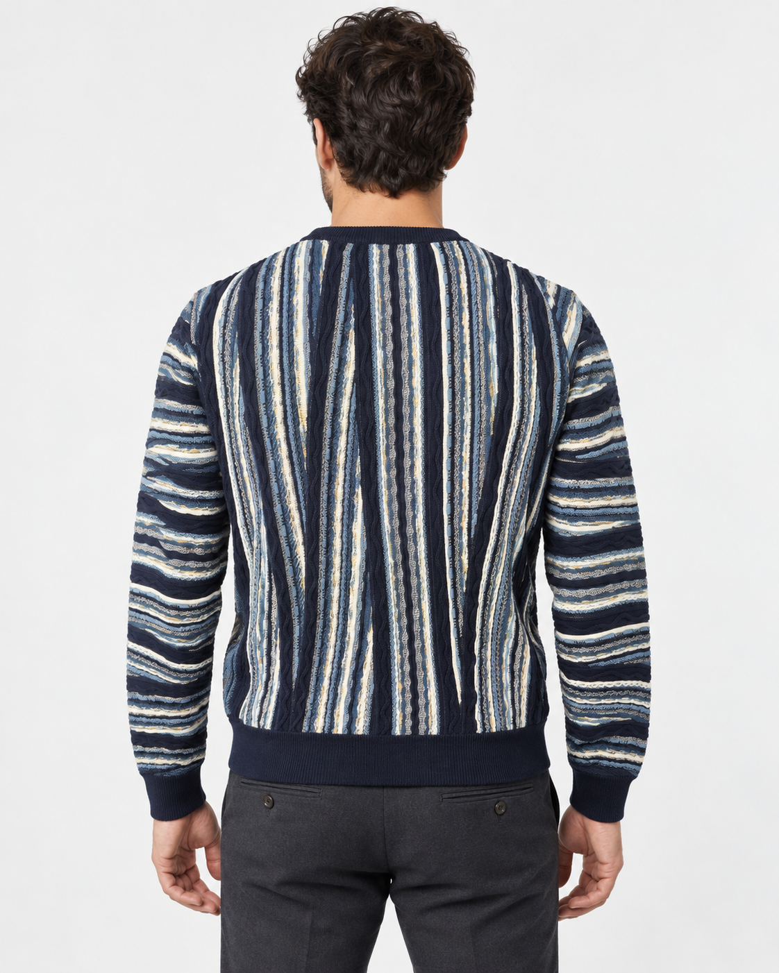 Lorenzoni Maglia girocollo uomo blu a righe azzurre e panna