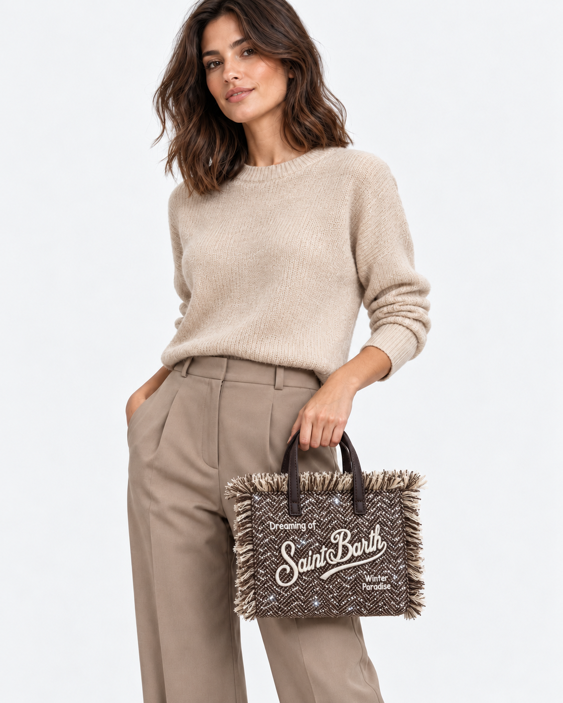 MC2 Saint Barth Borsa Donna Vanity Mini Spigata Marrone con Strass e Tracolla