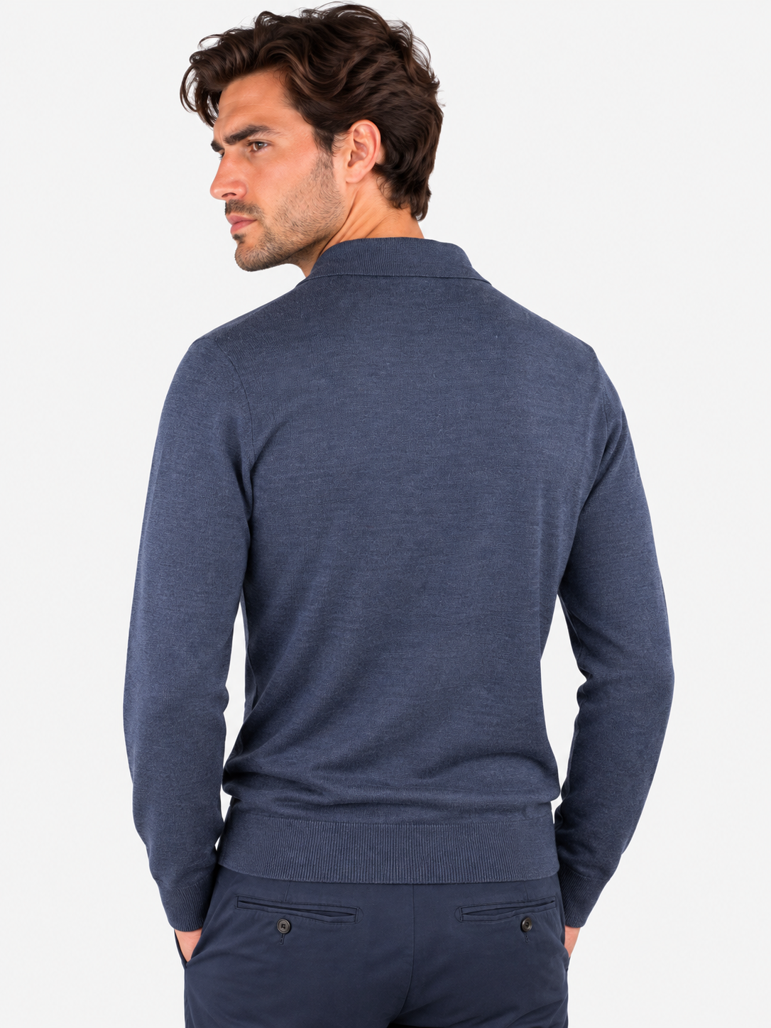 Polo uomo K-Way Rey blu in lana, seta e cashmere, vista posteriore indossata