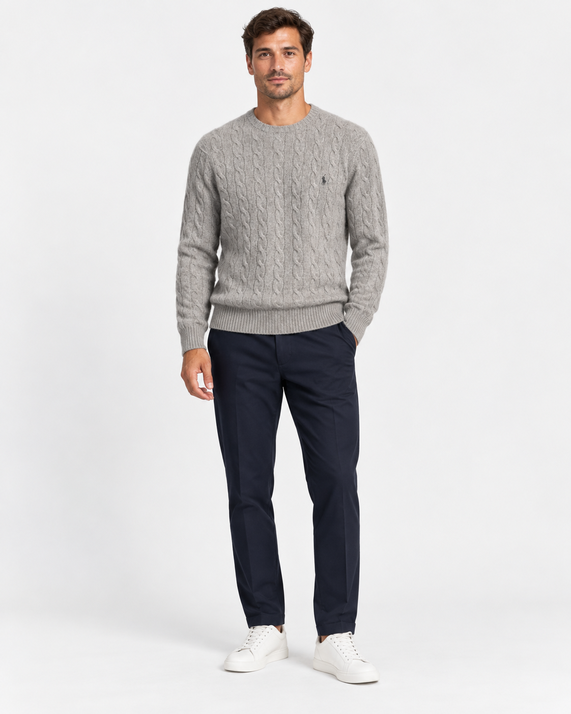 Polo Ralph Lauren Maglia Uomo Grigia in Lana e Cashmere a Trecce