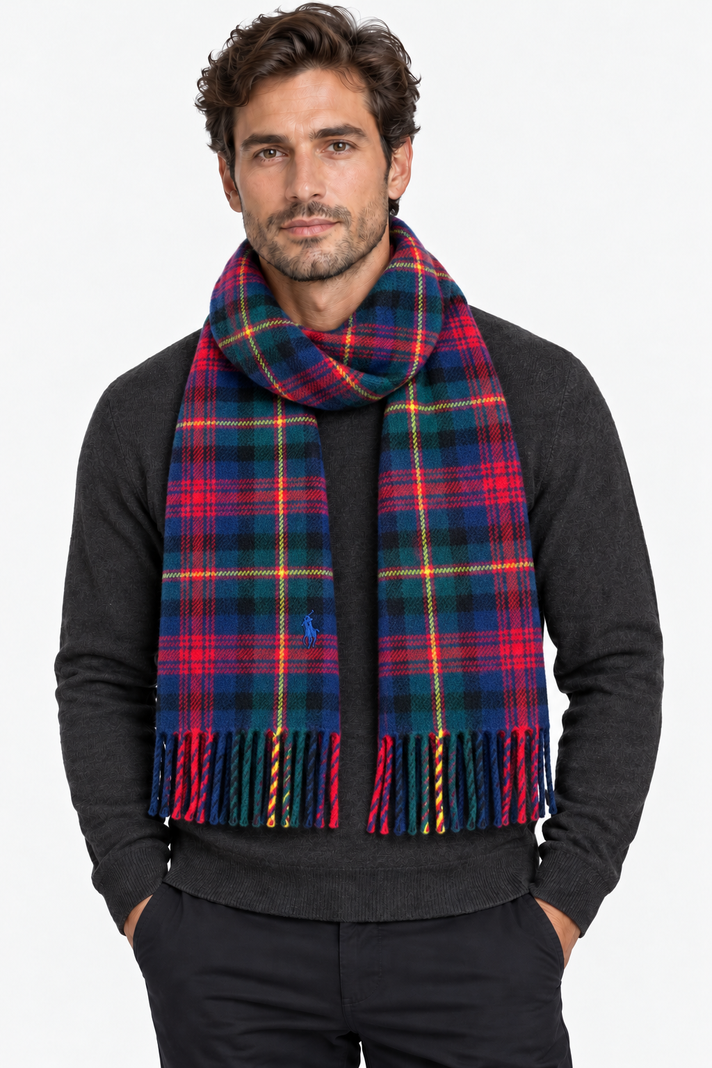 Polo Ralph Lauren tartan wool scarf with fringe red multicolor