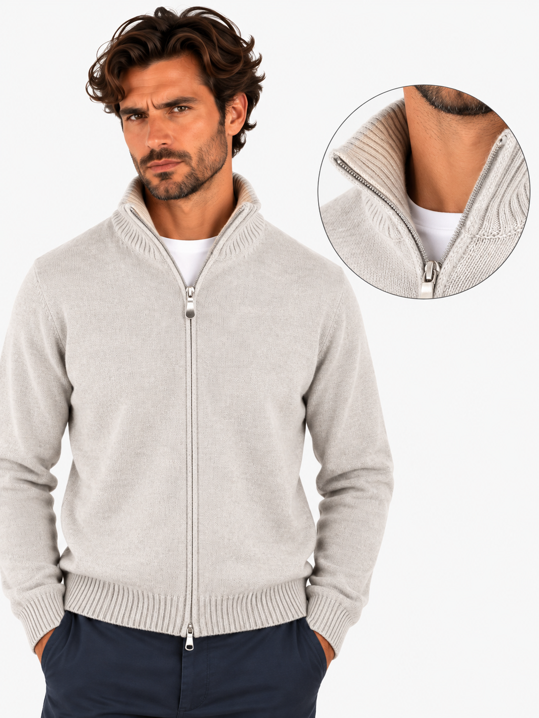Gran Sasso Full zip uomo in cashmere grigio chiaro