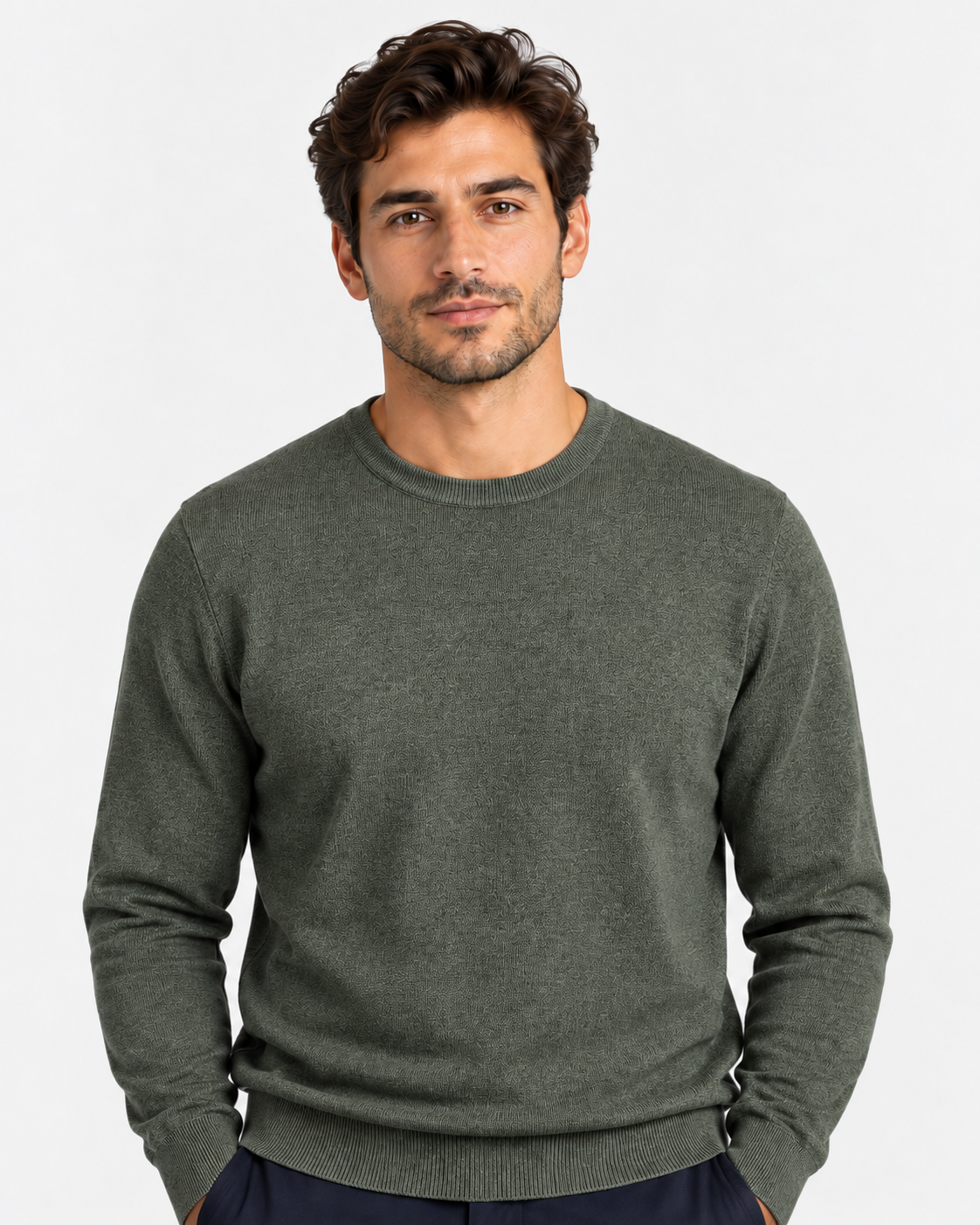 Military green extra-fine merino wool crew neck sweater