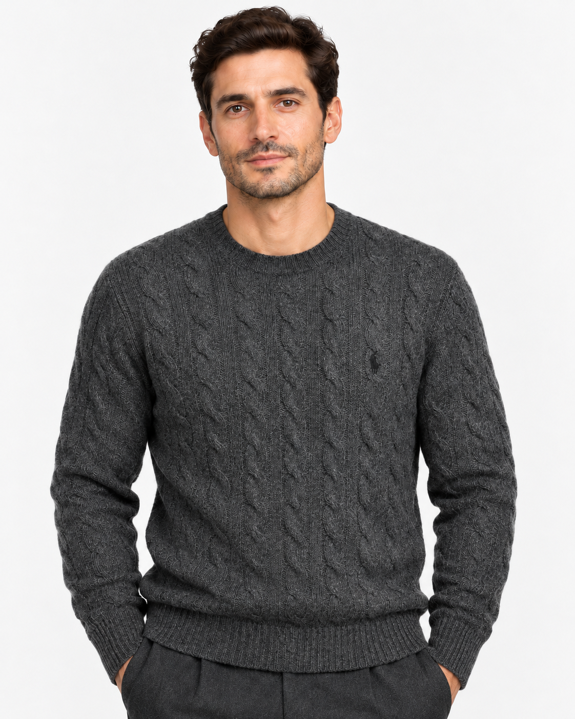 Polo Ralph Lauren Maglia Uomo a Trecce Antracite in Lana e Cashmere