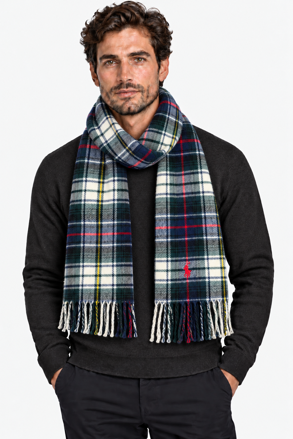 Polo Ralph Lauren Sciarpa Uomo in Lana Tartan Blu, Verde e Panna