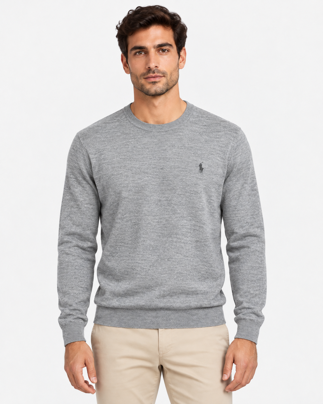 Polo Ralph Lauren Maglione Uomo Girocollo in Pura Lana Grigio Chiaro
