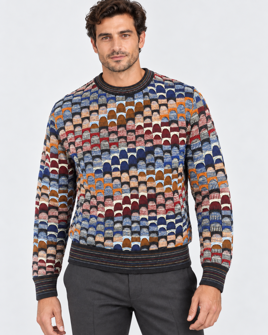 Lorenzoni Maglia girocollo uomo fantasia geometrica multicolore