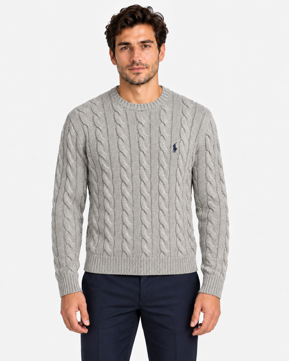 Polo Ralph Lauren Maglia Uomo a Trecce Grigia in Cotone