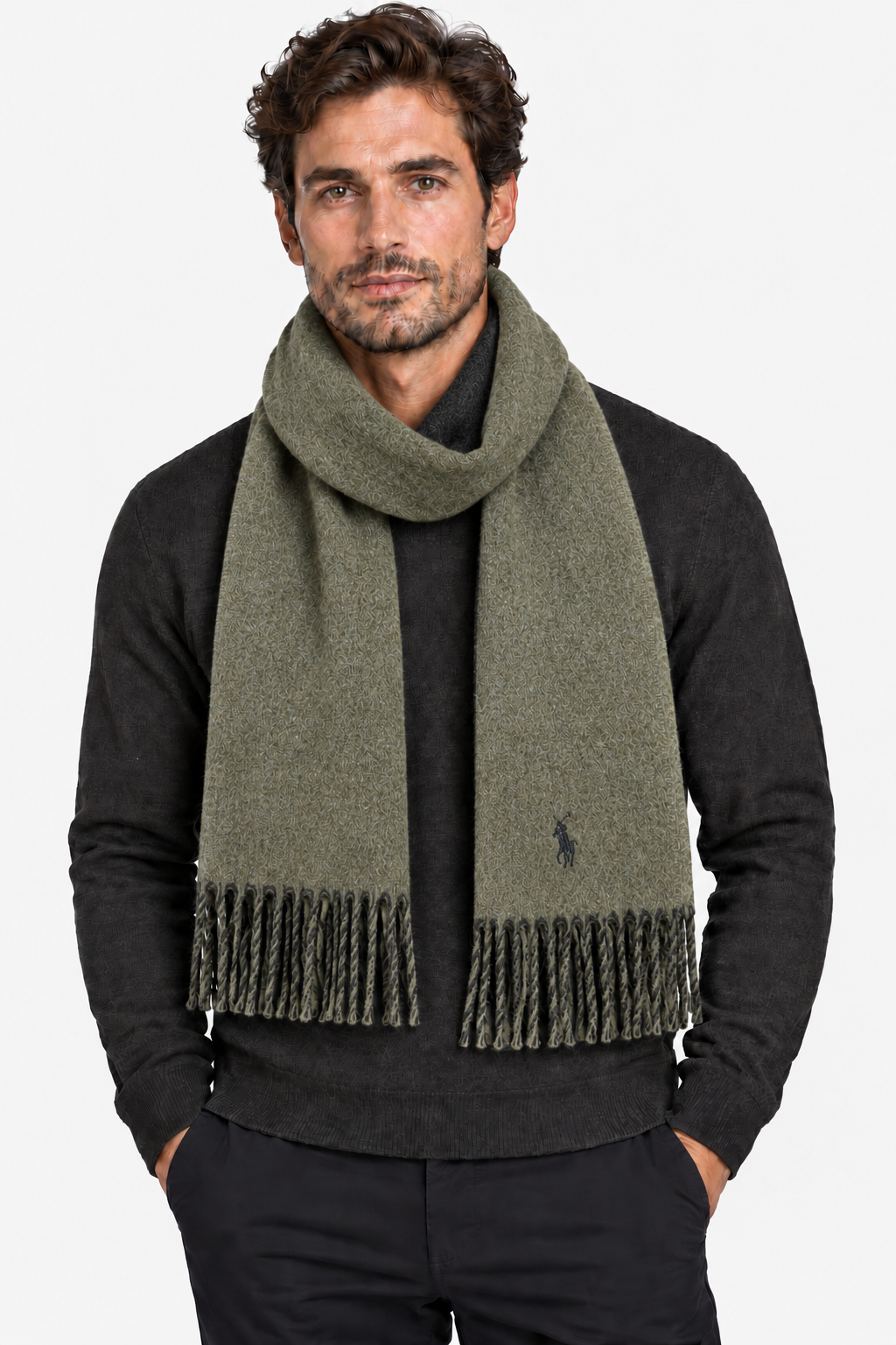 Polo Ralph Lauren Sciarpa Uomo Verde in Lana Riciclata con Frange