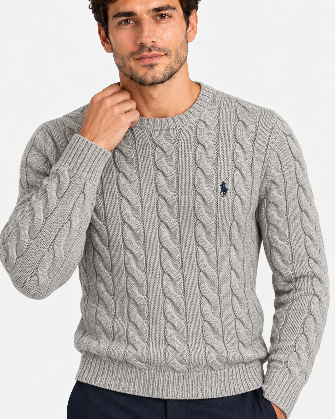Polo Ralph Lauren Maglia Uomo a Trecce Grigia in Cotone