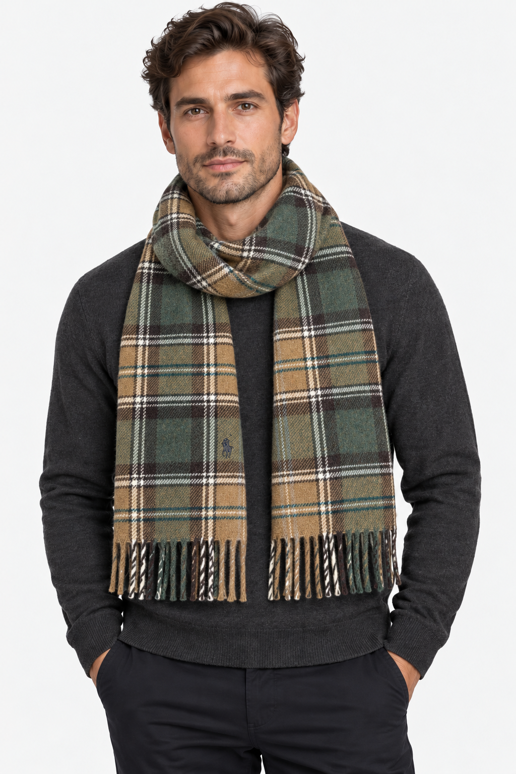 Polo Ralph Lauren men's brown plaid wool fringed scarf