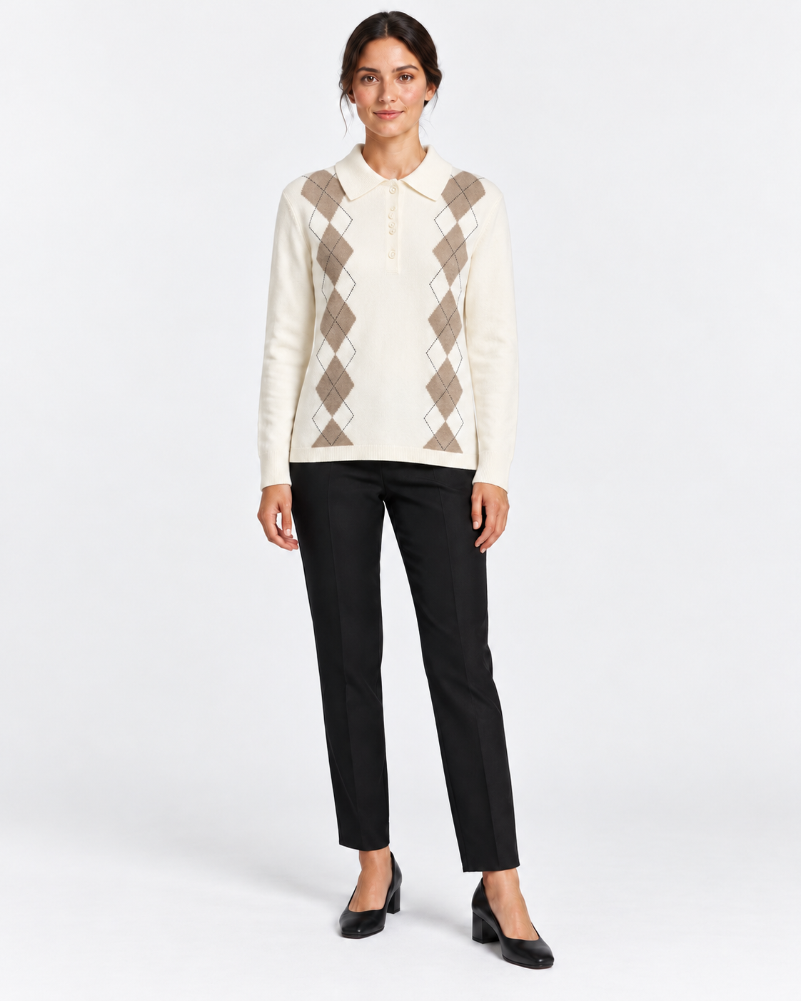 Gran Sasso Polo Donna Panna a Rombi in Lana e Cashmere