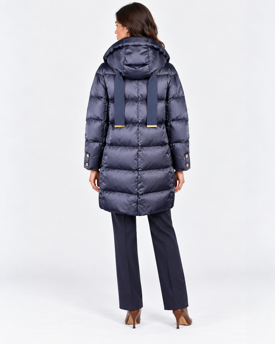 Herno women's satin nylon down jacket in new blue with hood and gold zip