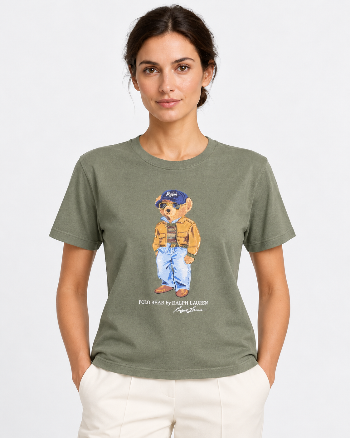 Polo Ralph Lauren T-shirt Donna Polo Bear in Cotone Verde Oliva