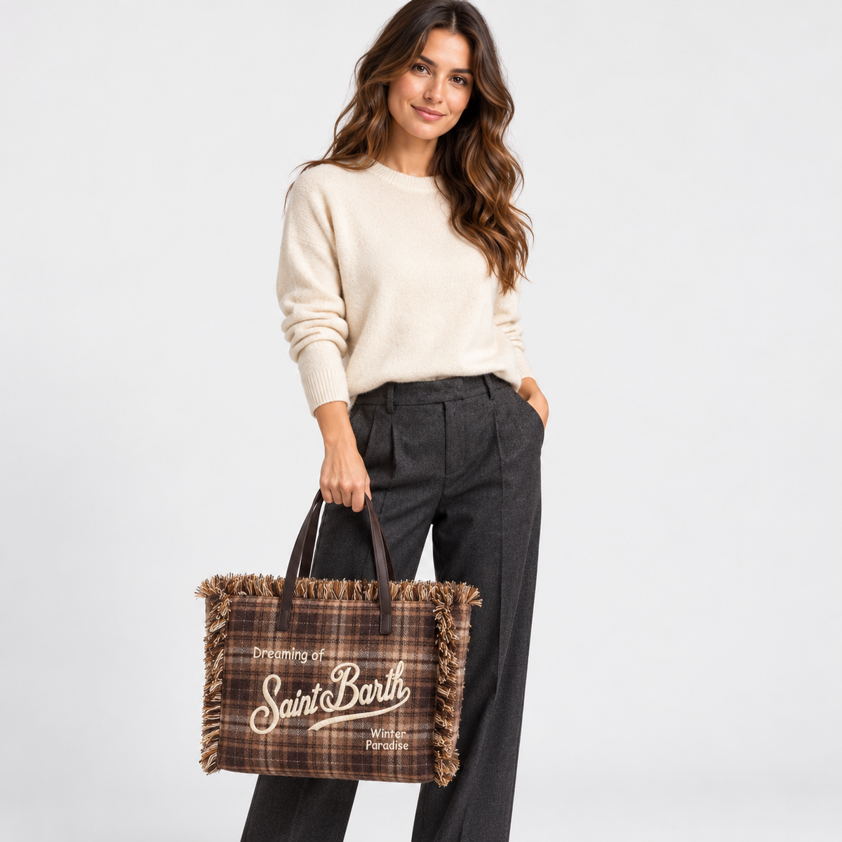 MC2 Saint Barth Borsa Donna Vanity Tartan Marrone con Frange