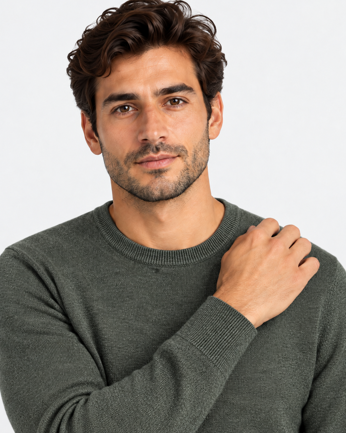 Military green extra-fine merino wool crew neck sweater