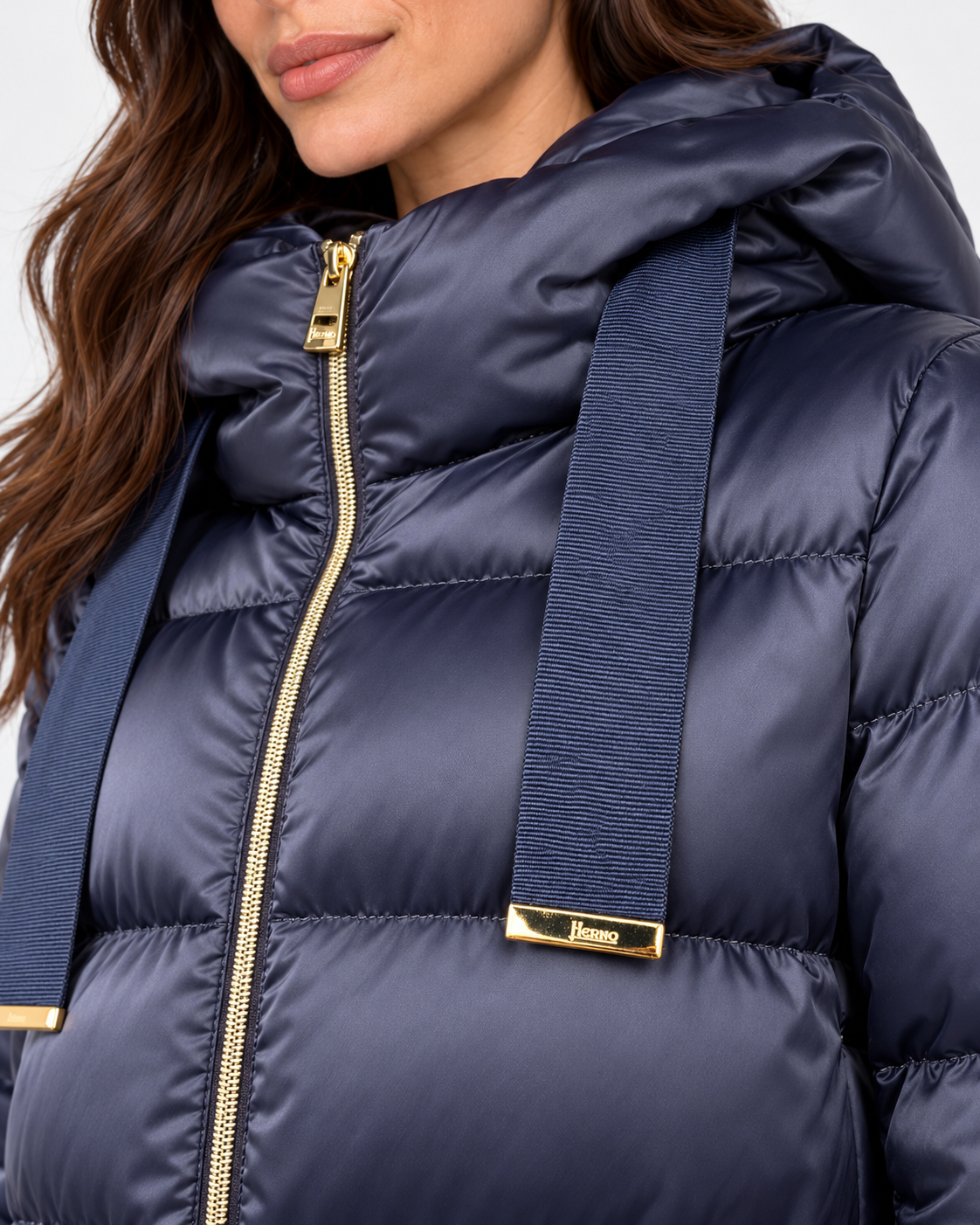 Herno women's satin nylon down jacket in new blue with hood and gold zip