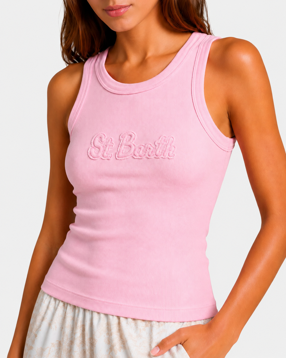 Canottiera Ada a costine rosa con patch logo in rilievo