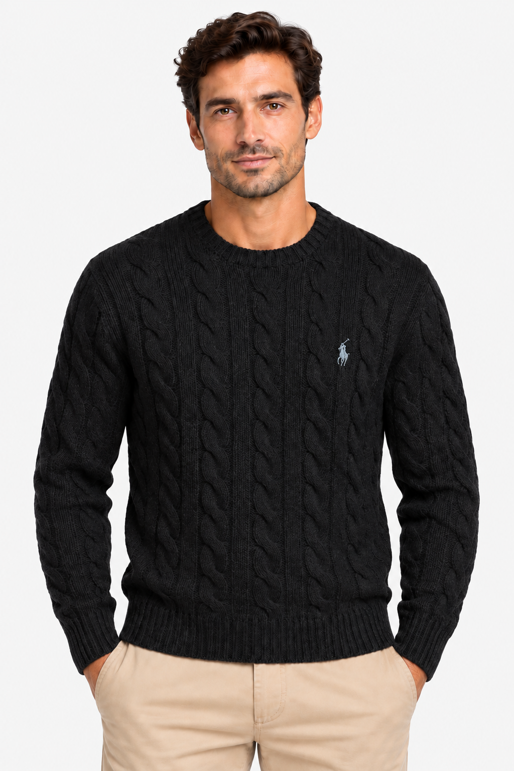 Polo Ralph Lauren Maglia Uomo a Trecce Nera in Lana e Cashmere