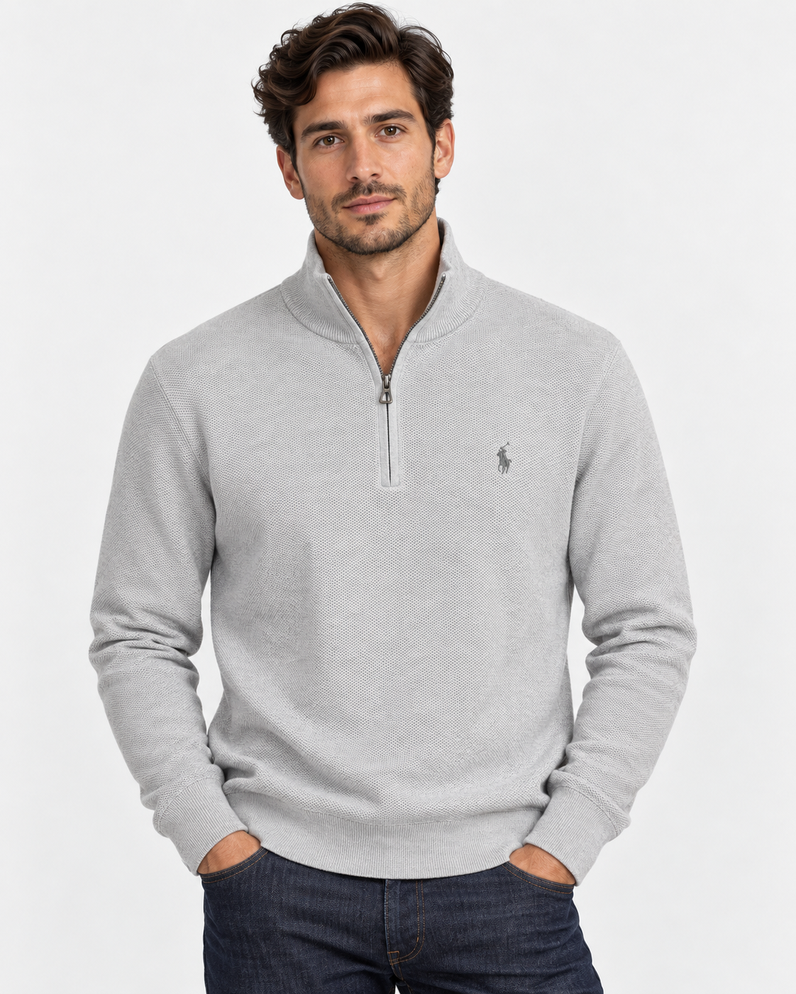 Polo Ralph Lauren Maglia Uomo Mezza Zip in Cotone Grigio Mélange