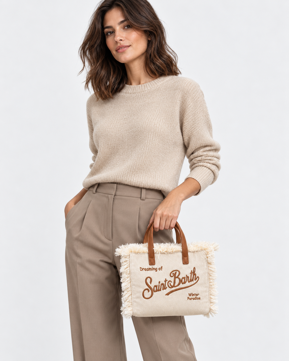MC2 Saint Barth Borsa Donna Vanity Mini in Velluto a Coste Panna