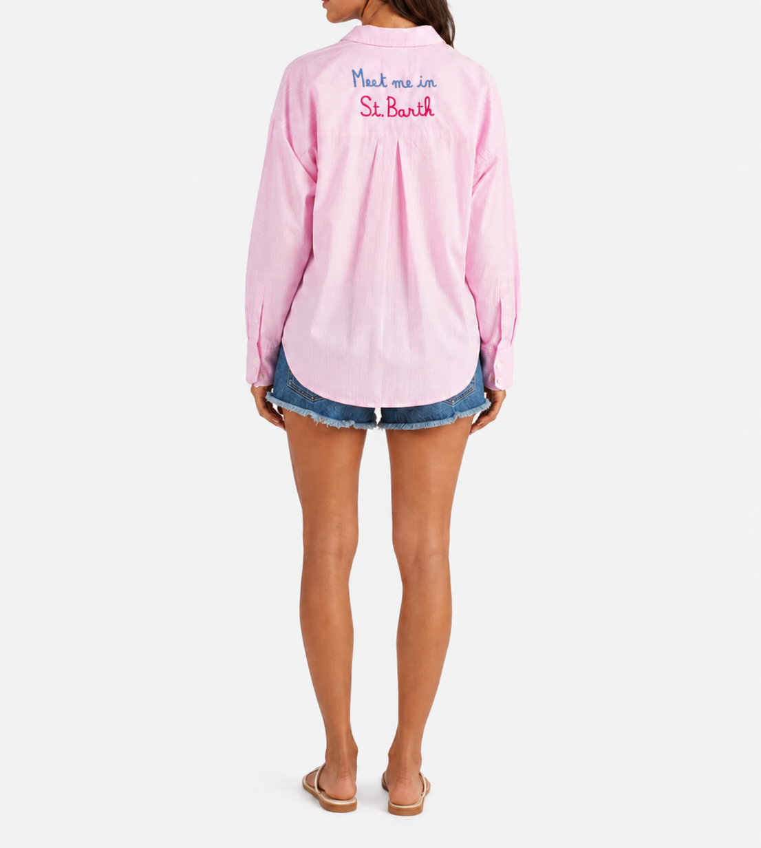 Camicia Cristal in cotone a righe rosa con ricamo Meet Me In Saint Barth