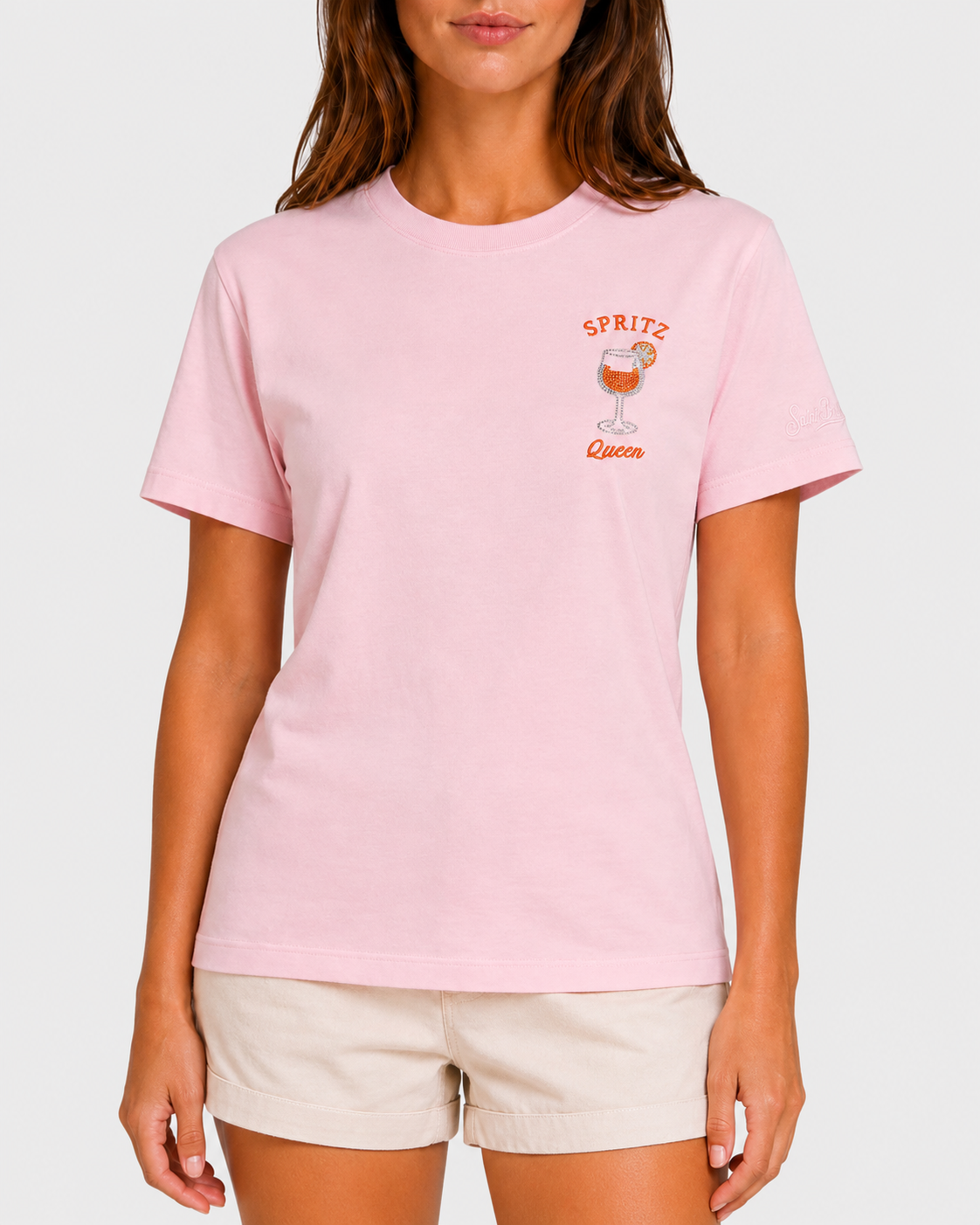 T-shirt Emilie rosa con ricamo Spritz Queen e strass