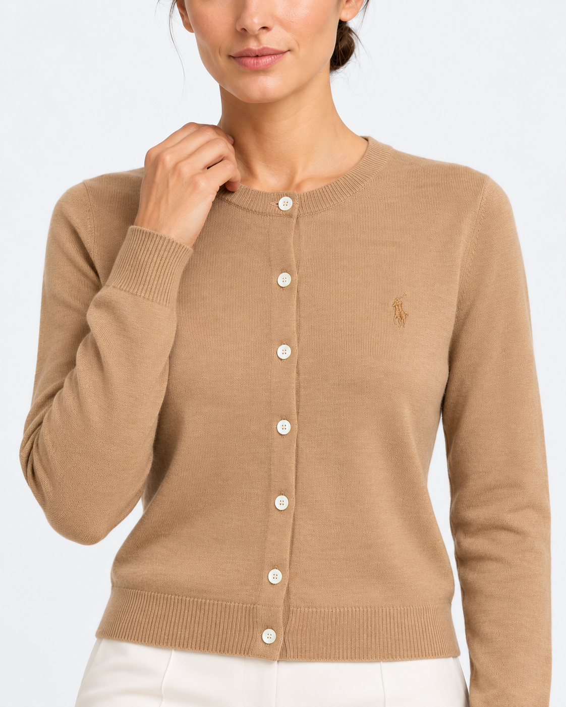 Polo Ralph Lauren Cardigan Donna Girocollo in Lana Cammello