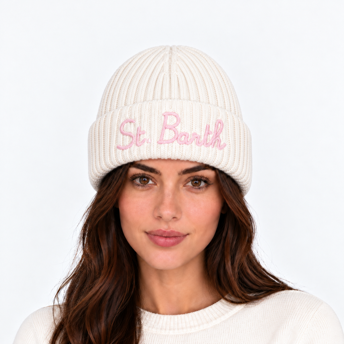 MC2 Saint Barth Berretto Donna Wengen Panna con Ricamo Rosa