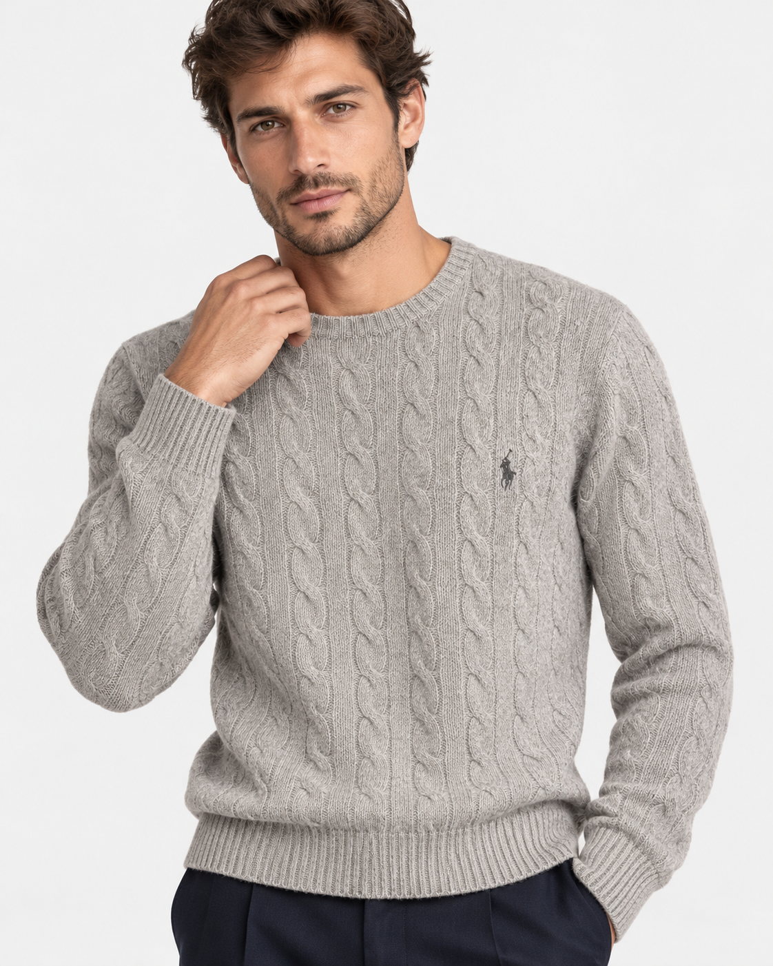 Polo Ralph Lauren Maglia Uomo Grigia in Lana e Cashmere a Trecce