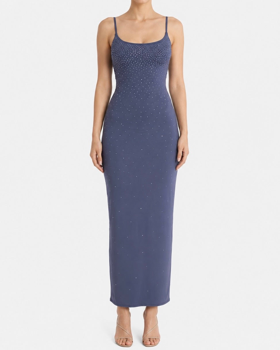 Abito lungo Evy blu con strass effetto degradé