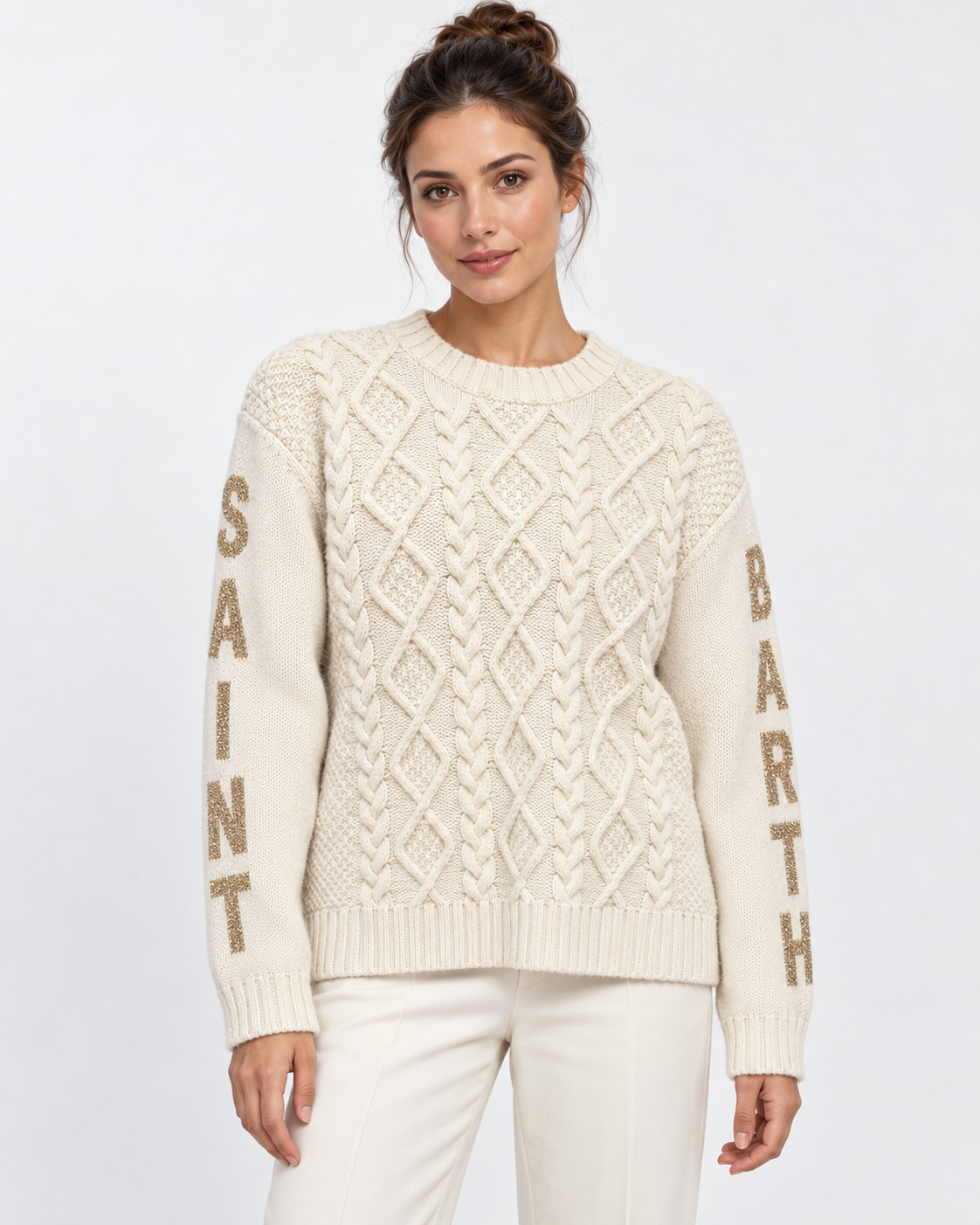 MC2 Saint Barth Maglia Donna Malmo a Trecce Panna in Misto Lana