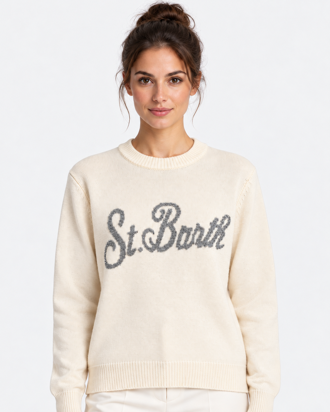 MC2 Saint Barth Maglia Donna New Queen Panna con Logo Strass