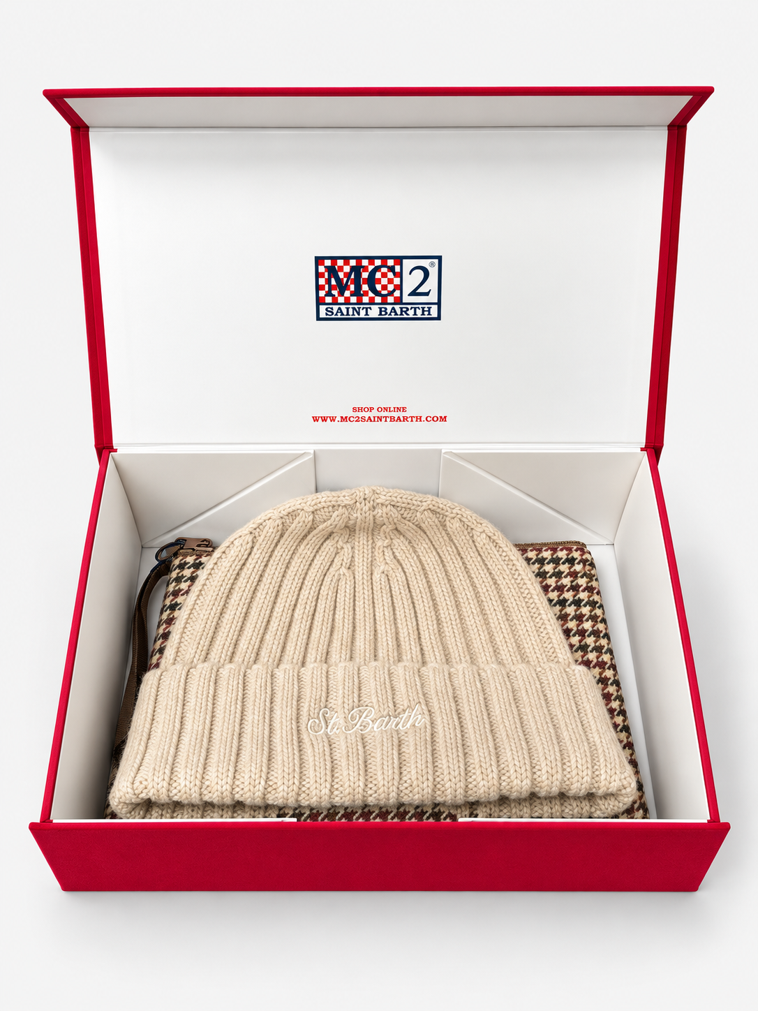 MC2 Saint Barth Christmas Box Donna con Berretto Beige e Pochette Pied-de-Poule