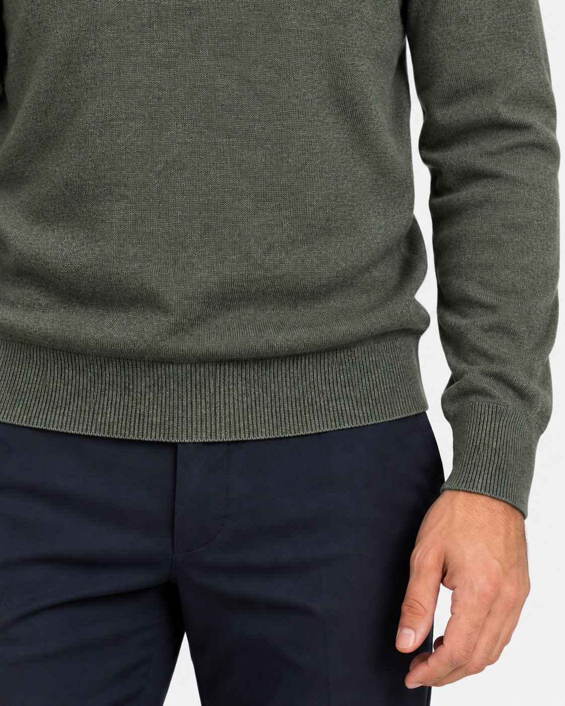 Military green extra-fine merino wool crew neck sweater