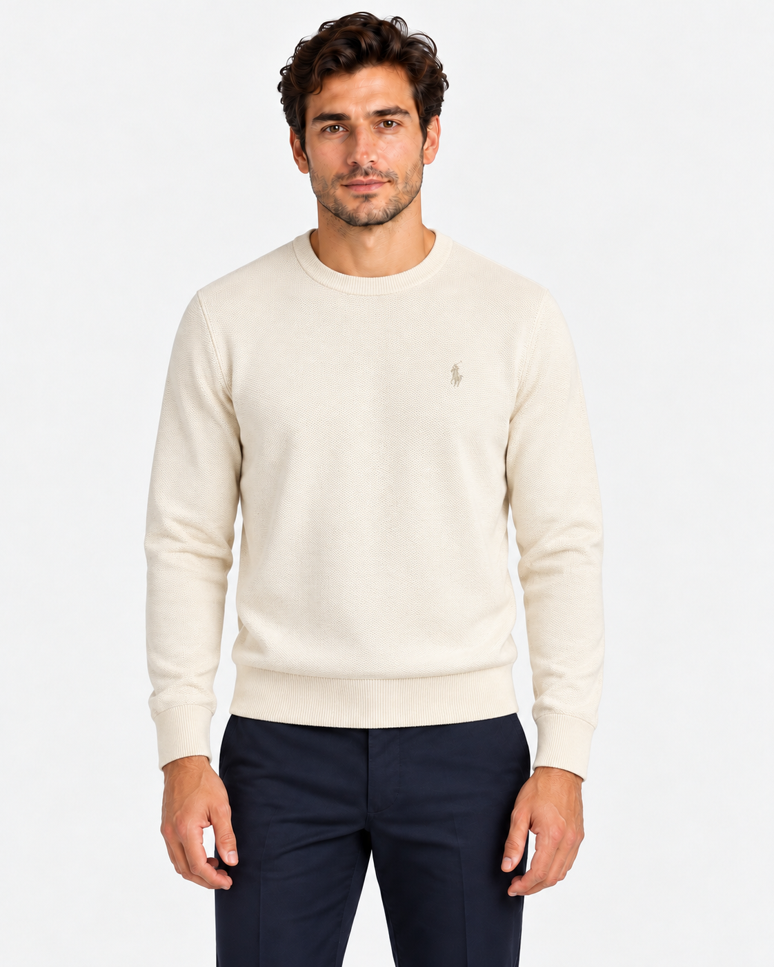 Polo Ralph Lauren Maglione Uomo Girocollo in Cotone Nido d’Ape Panna