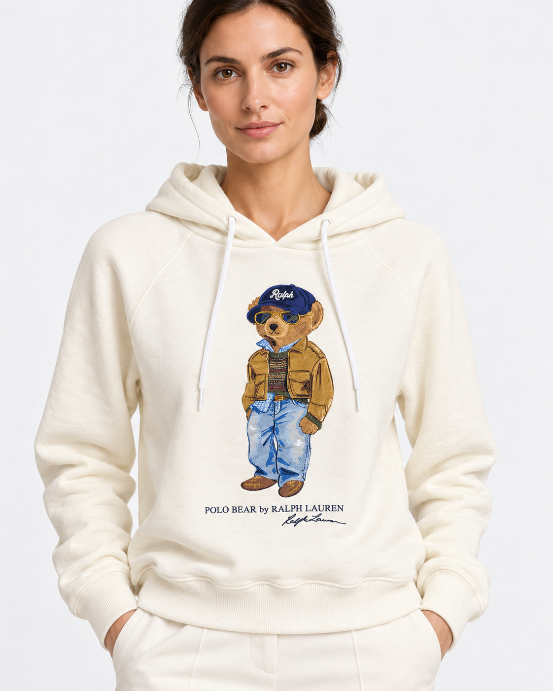 Polo Ralph Lauren Felpa Donna Polo Bear con Cappuccio Avorio