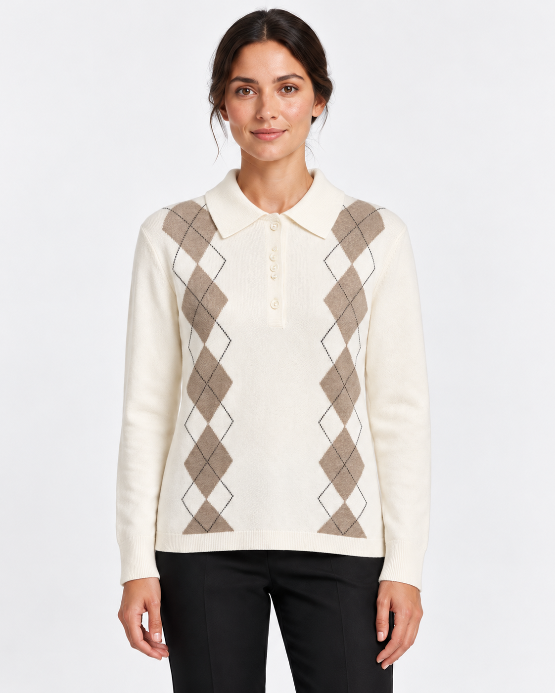 Gran Sasso Polo Donna Panna a Rombi in Lana e Cashmere
