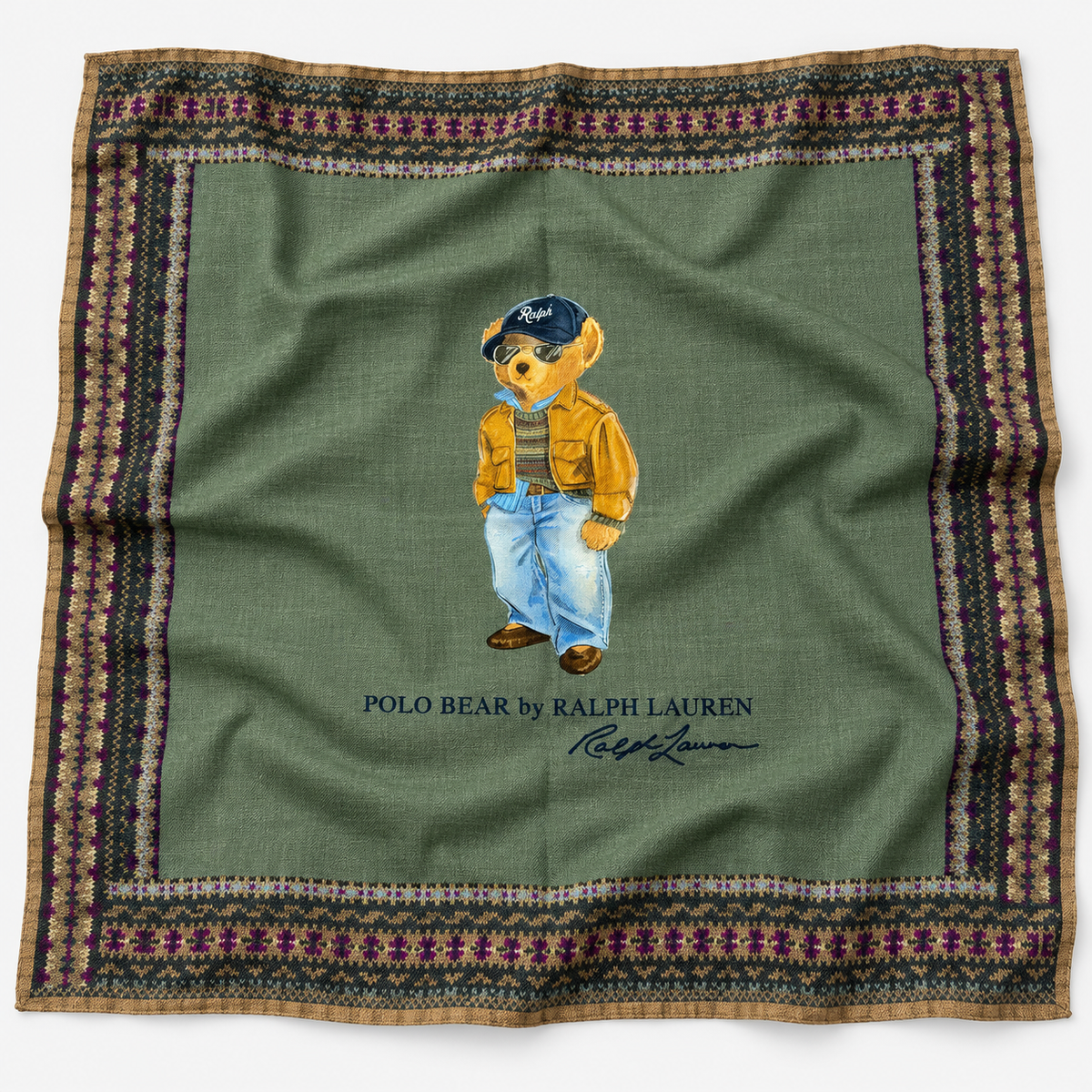Polo Ralph Lauren Sciarpa Donna Quadrata Polo Bear in Lana Verde