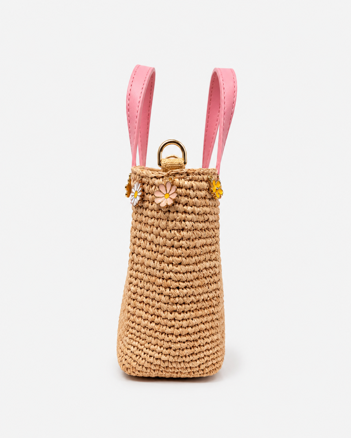 Borsa City mini in raffia con charms applicati e logo ricamato
