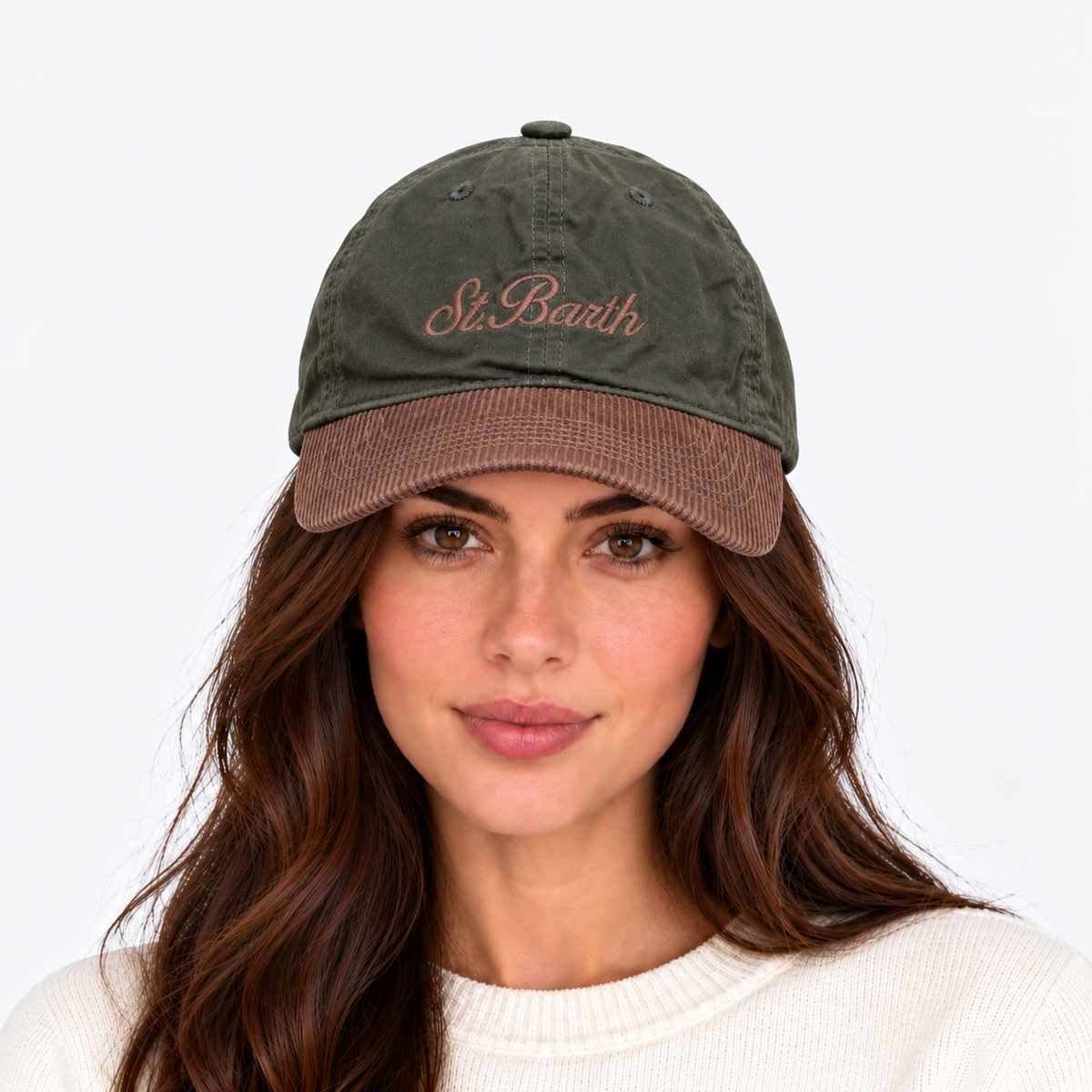 MC2 Saint Barth Cappello Donna Baseball Wax Corduroy Verde e Marrone