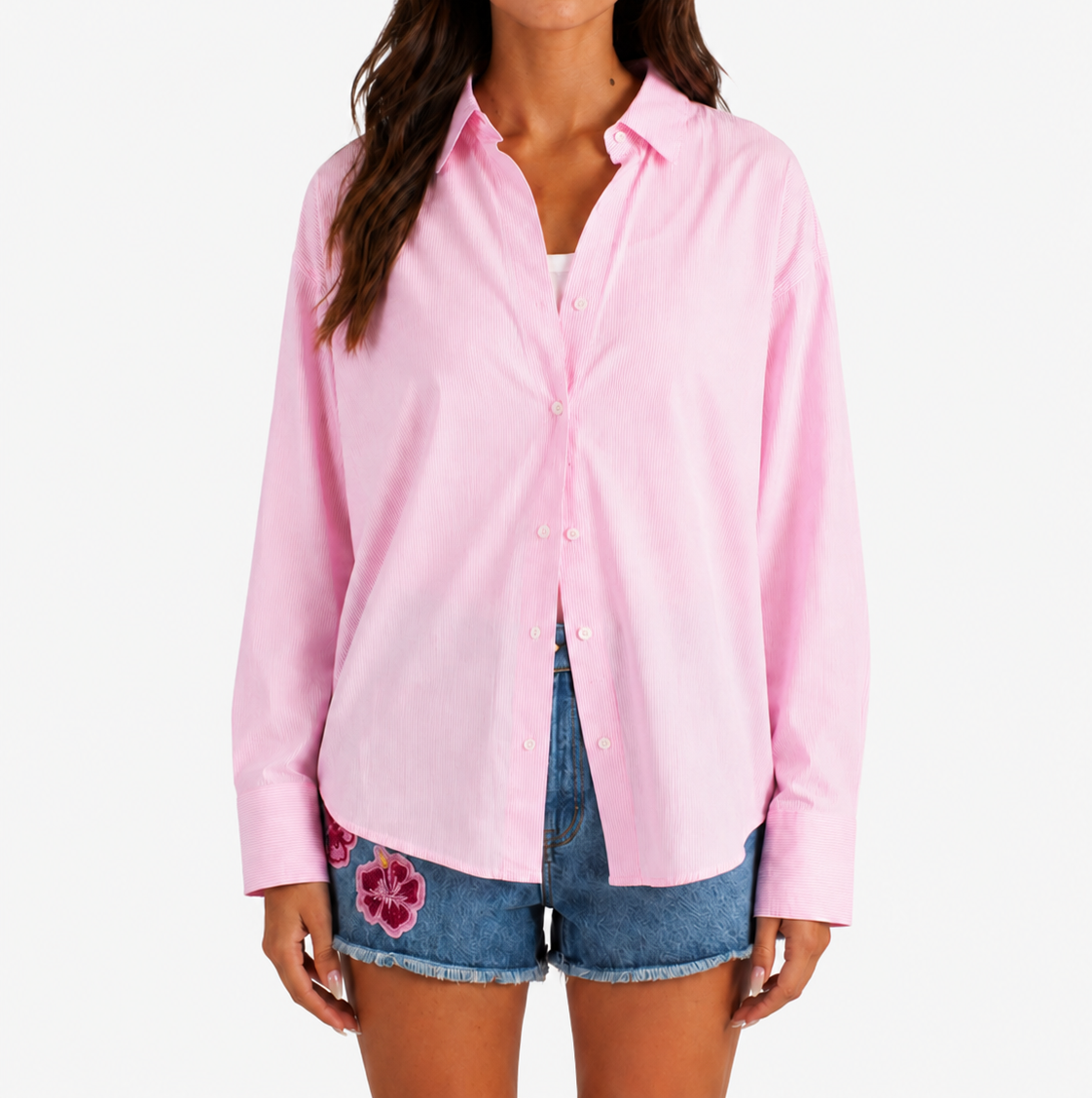 Camicia Cristal in cotone a righe rosa con ricamo Meet Me In Saint Barth