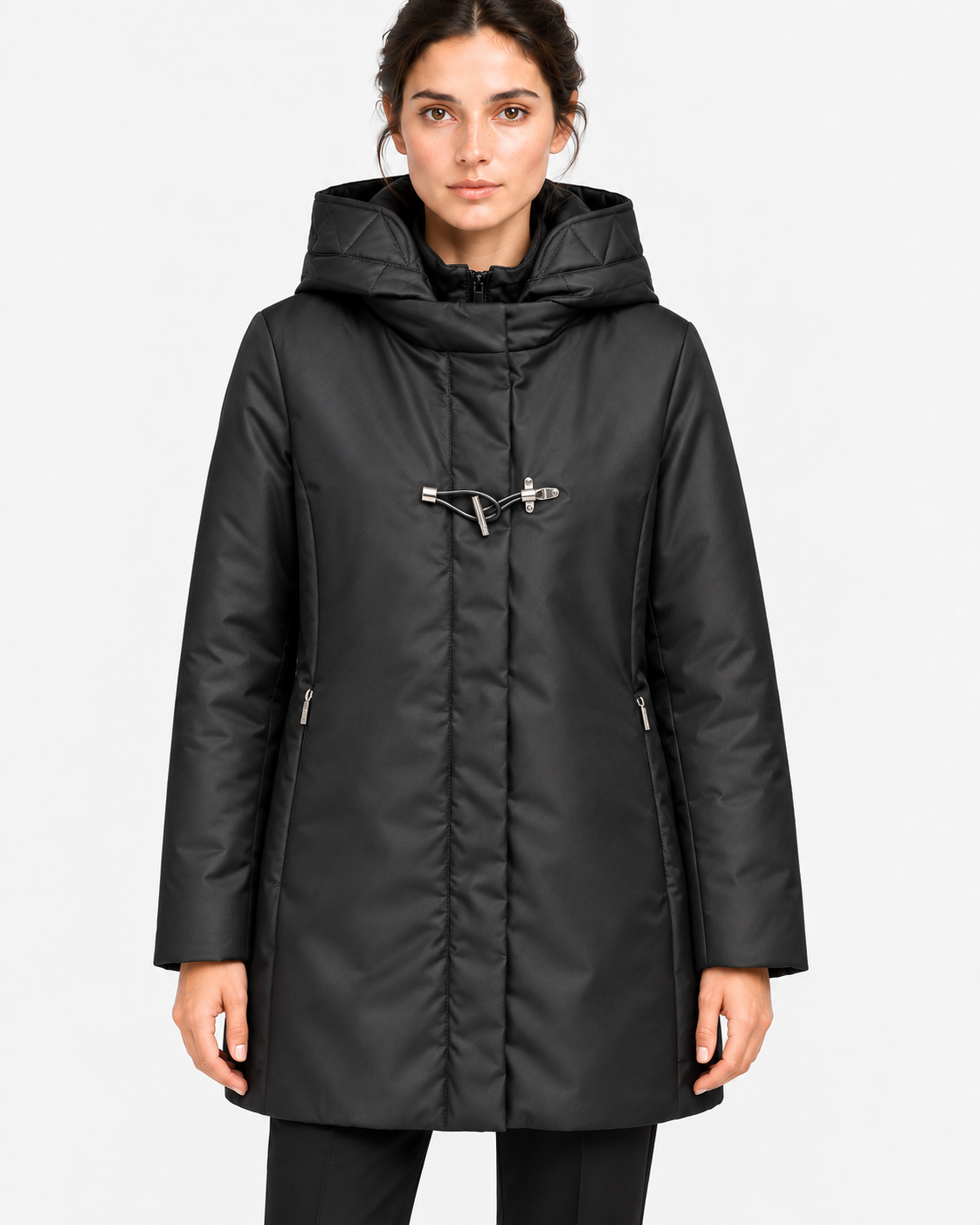 Fay Toggle Coat Donna Nero in Gabardine Tecnico con Cappuccio