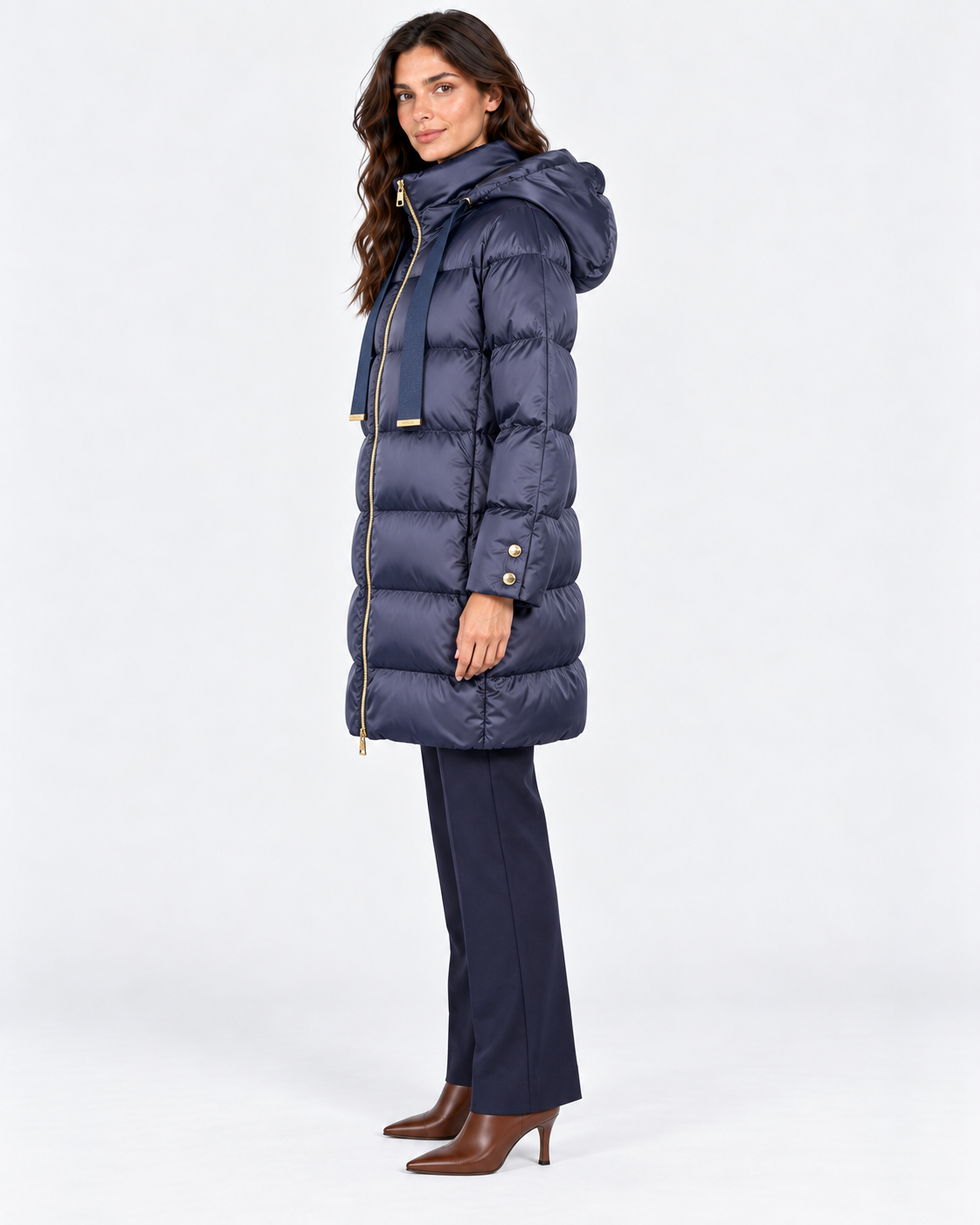 Herno women's satin nylon down jacket in new blue with hood and gold zip
