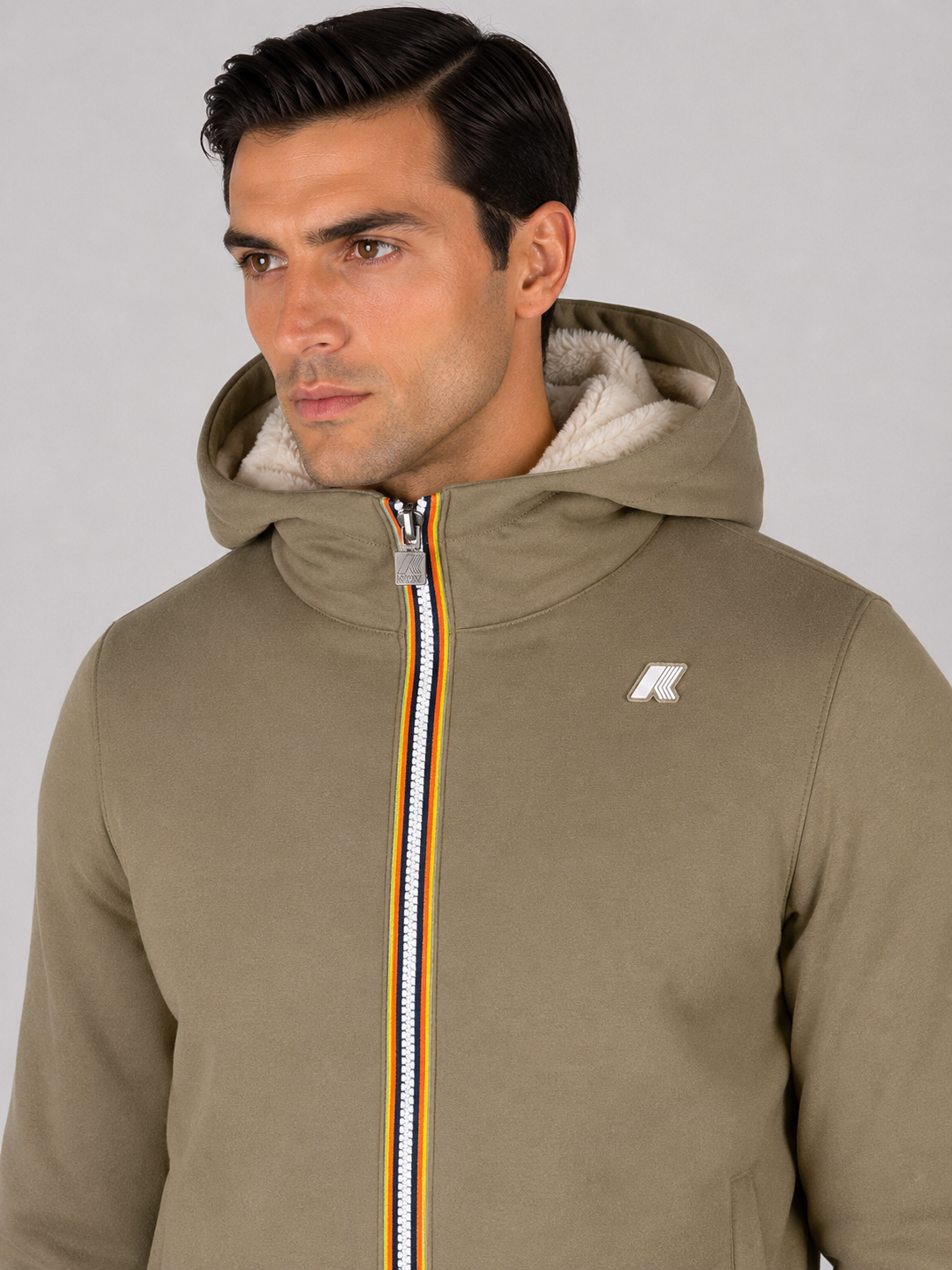 K-Way Giacca Uomo Jack light spancer fur double Reversibile con Cappuccio GREEN ARMY-FUR