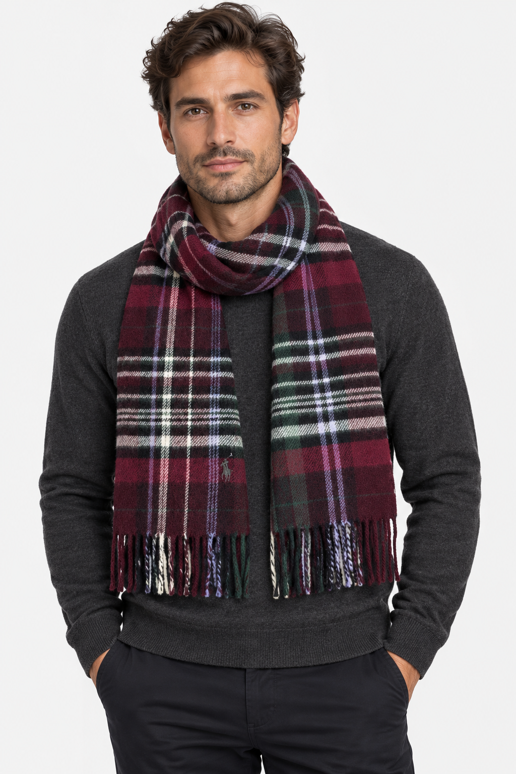 Polo Ralph Lauren tartan wool scarf with fringe red multicolor